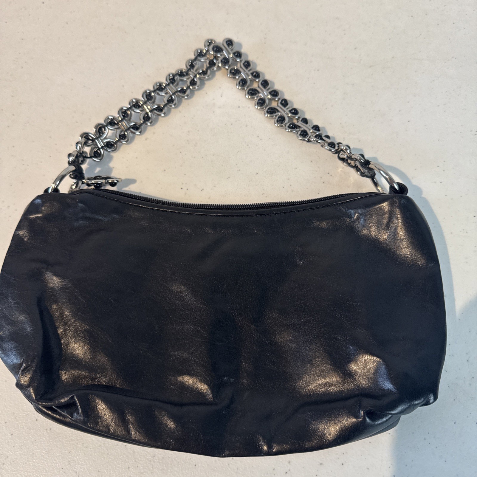 Elliott Lucca Black Leather Hobo Handbag Silver Tone Chain Strap Zipper
