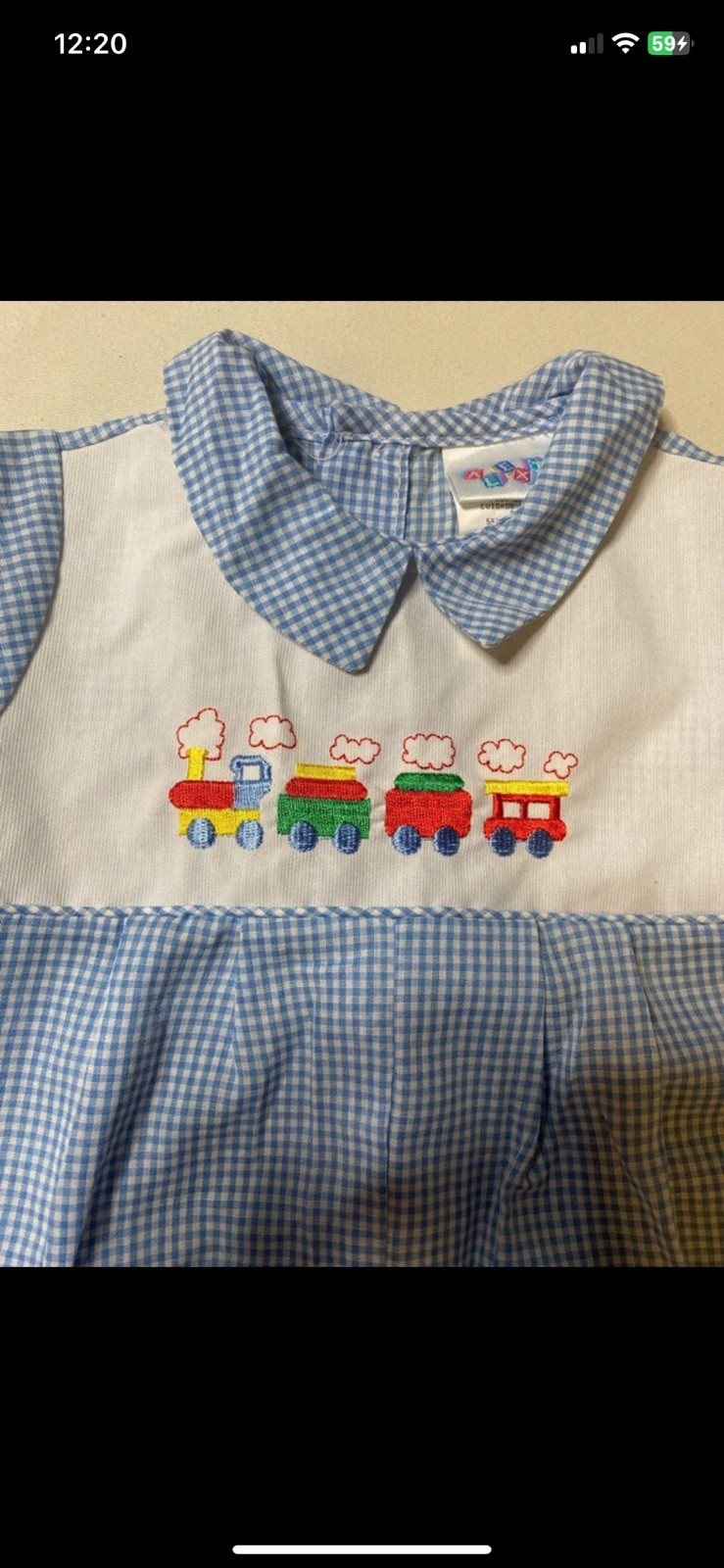 Vintage Alexis Baby Boy Smocked Train Bubble Romper Blue Gingham Jon Jon