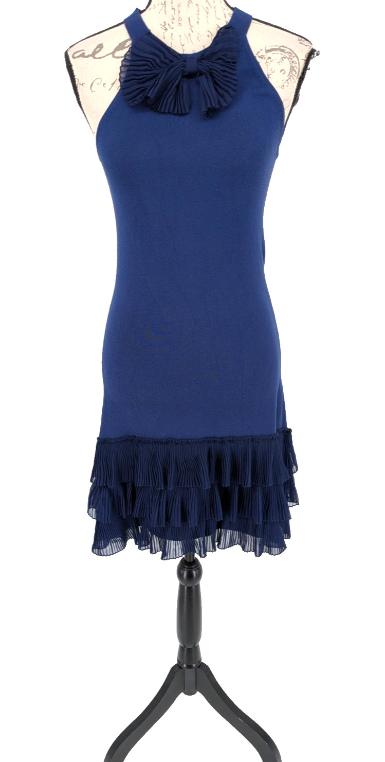 TWELVE BY TWELVE Blue Knit Dress MEDIUM Form Fitting Stretch RUFFLE Neck/Hemline
