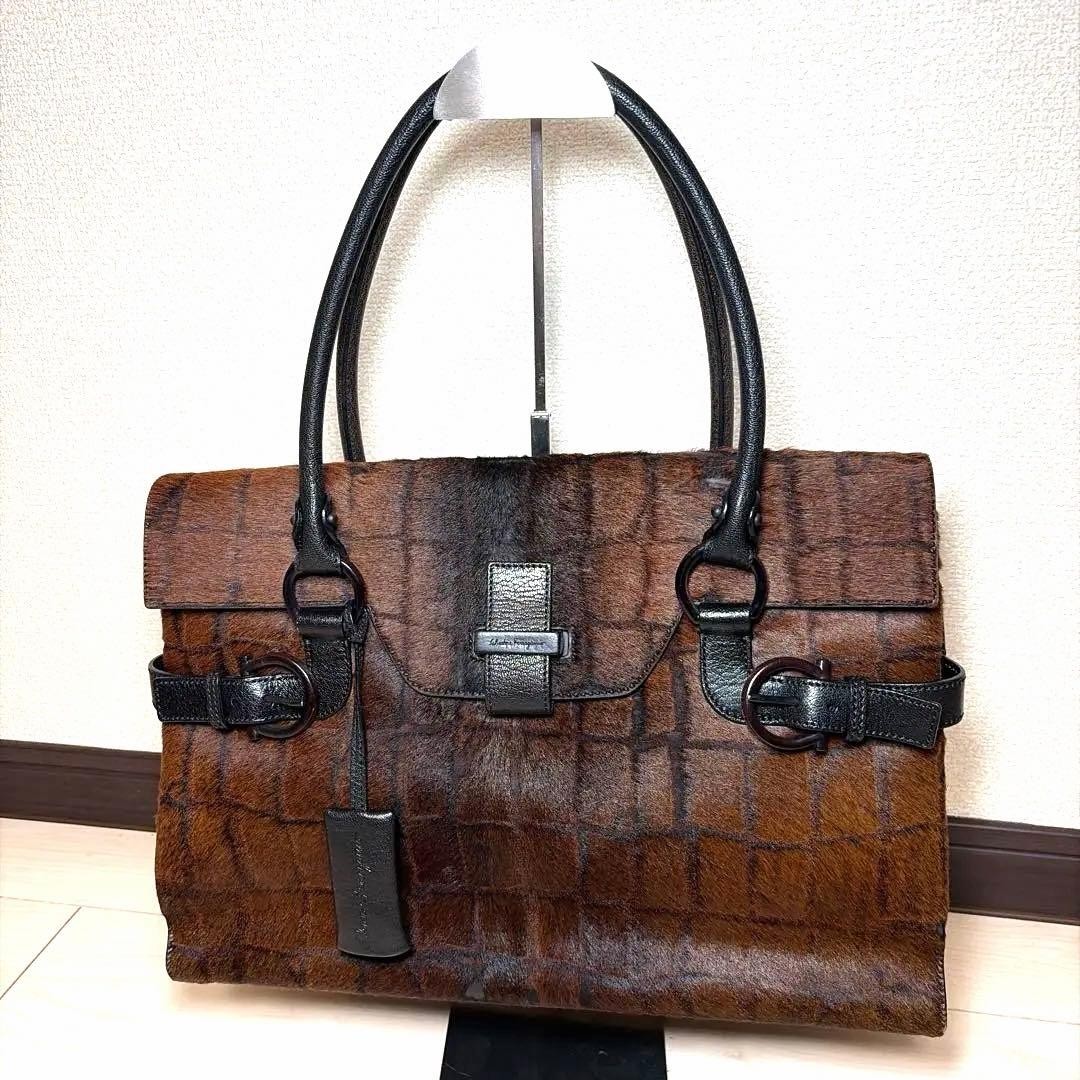 Authentic Ferragamo Salvatore Exotic Leather Bag 12.6in Women Unisex Brown Damag