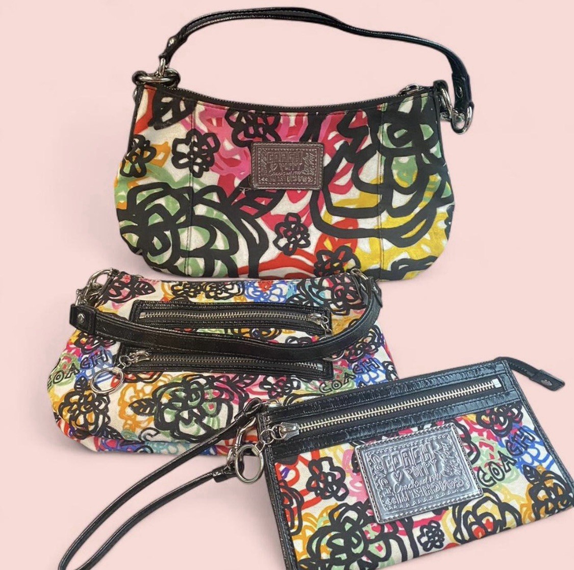 Coach Multicolor Poppy Graffiti Blossom Shoulder Bag w/ Matching Wristlet