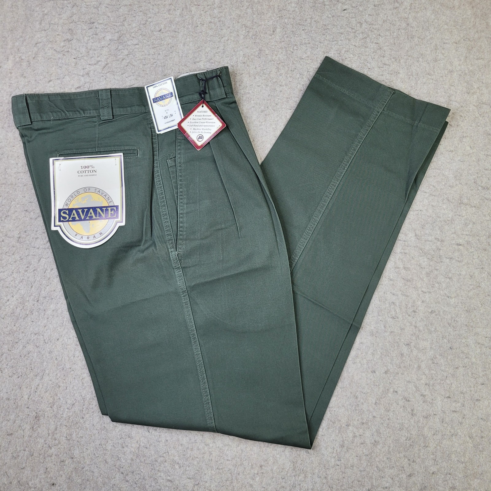 Savane Pants Mens 34×34 Green Pleated Business Process 2000 Vintage Cotton NEW