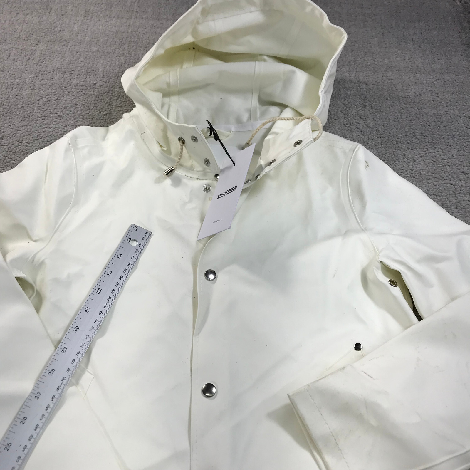 Stutterheim Stockholm Jacket Mens 2XS XXS Hoodie White Rain Coat Heavy Snap