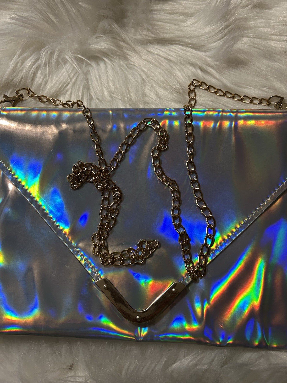 Holographic Silver Iridescent Envelope Crossbody Bag Gold Chain Strap Magnetic