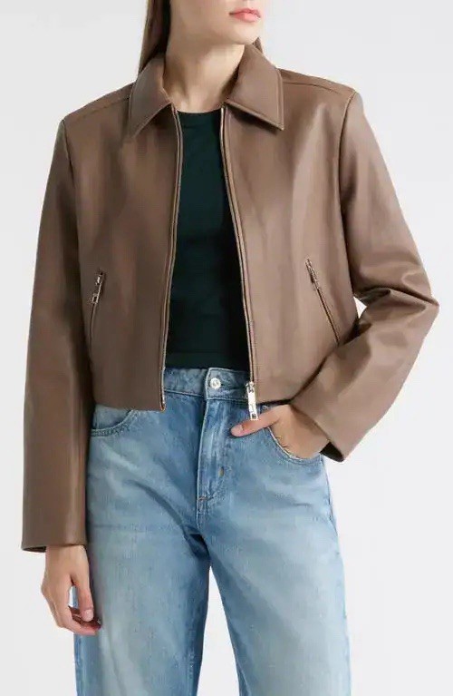 Women’s Hugo Boss Leather Salerena Lambskin Moto Brown Jacket Sz 6 As-is