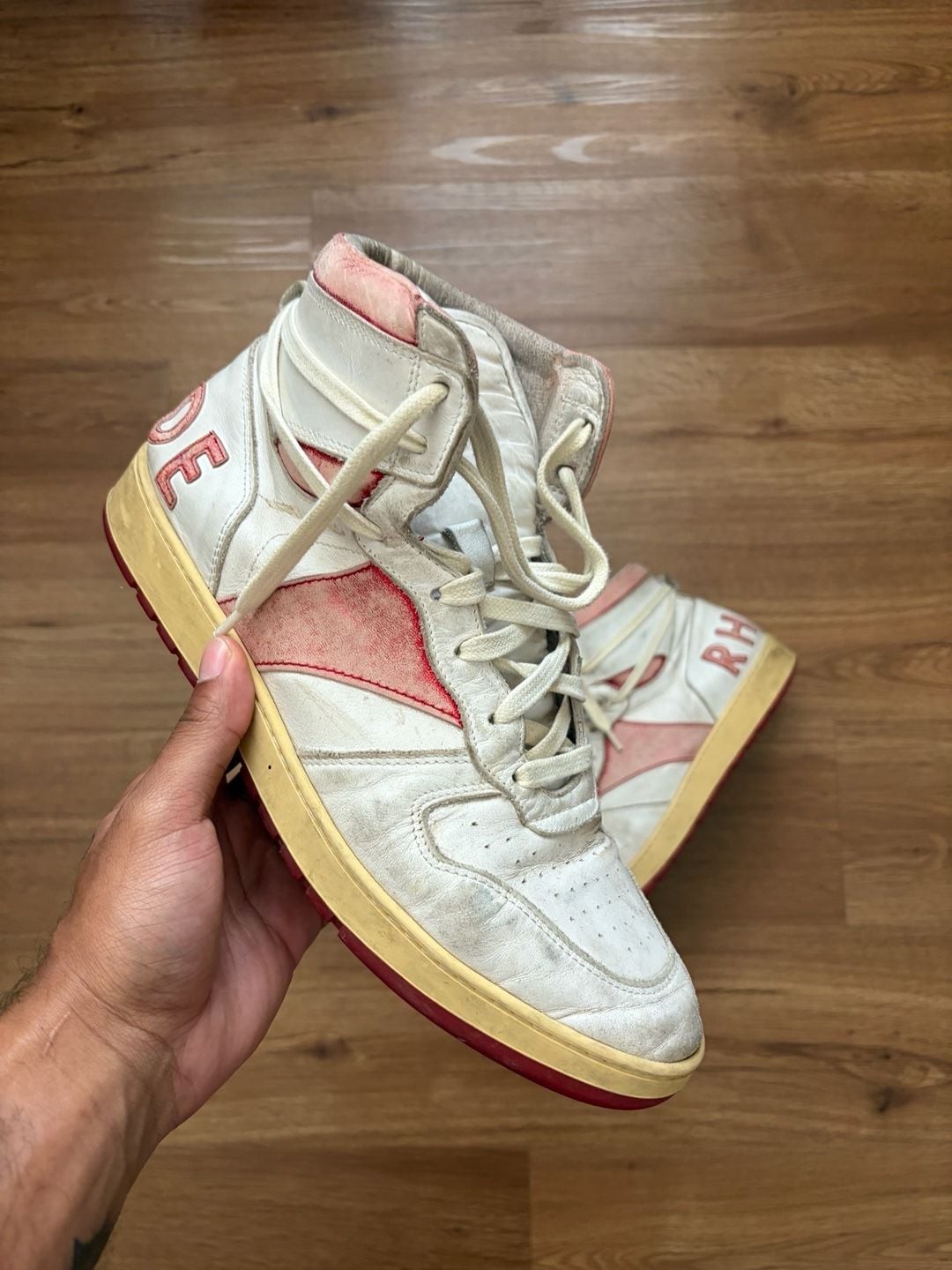 Rhude Rhecess High-Top Sneakers in White and Red