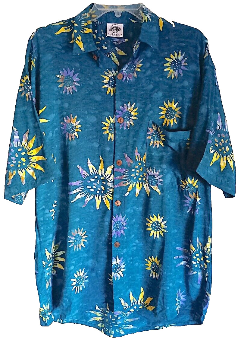 Shirt, Unisex, Batiked Sunflowers, Men’s Large, Coconut Buttons, Collar