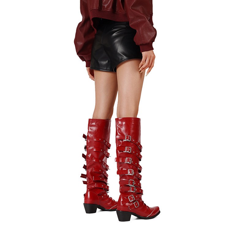 Rivet Cowgirl Knight Boots Women Pointy Toe Multi Buckles Low Heel Western Shoes