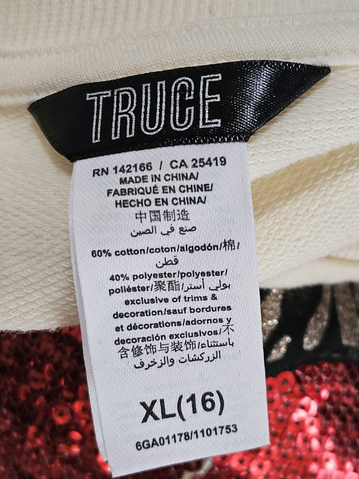 Truce XL (16) Ivory Punk Rock Graphic Sequin Tee, Crew Neck, Cropped
