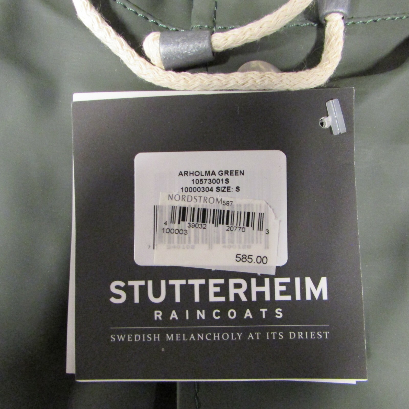 Stutterheim Arholma Raincoat Green Hooded, Size Small, MSRP $585.00, NWT