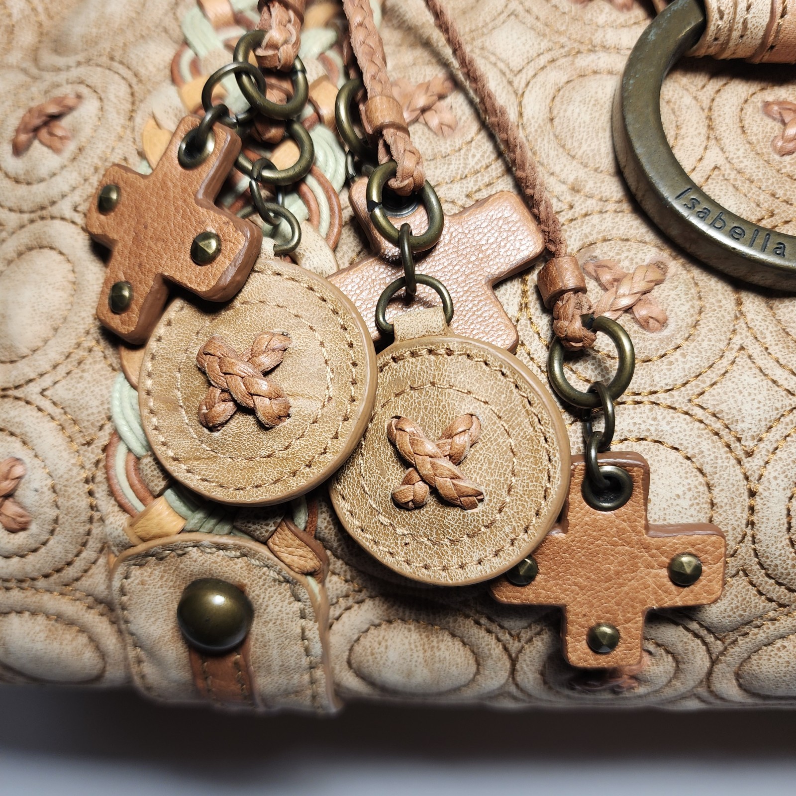 ISABELLA FIORE KISSES AND HUGS EMBROIDERED X’S AND O’S LARGE LEATHER HANDBAG$739