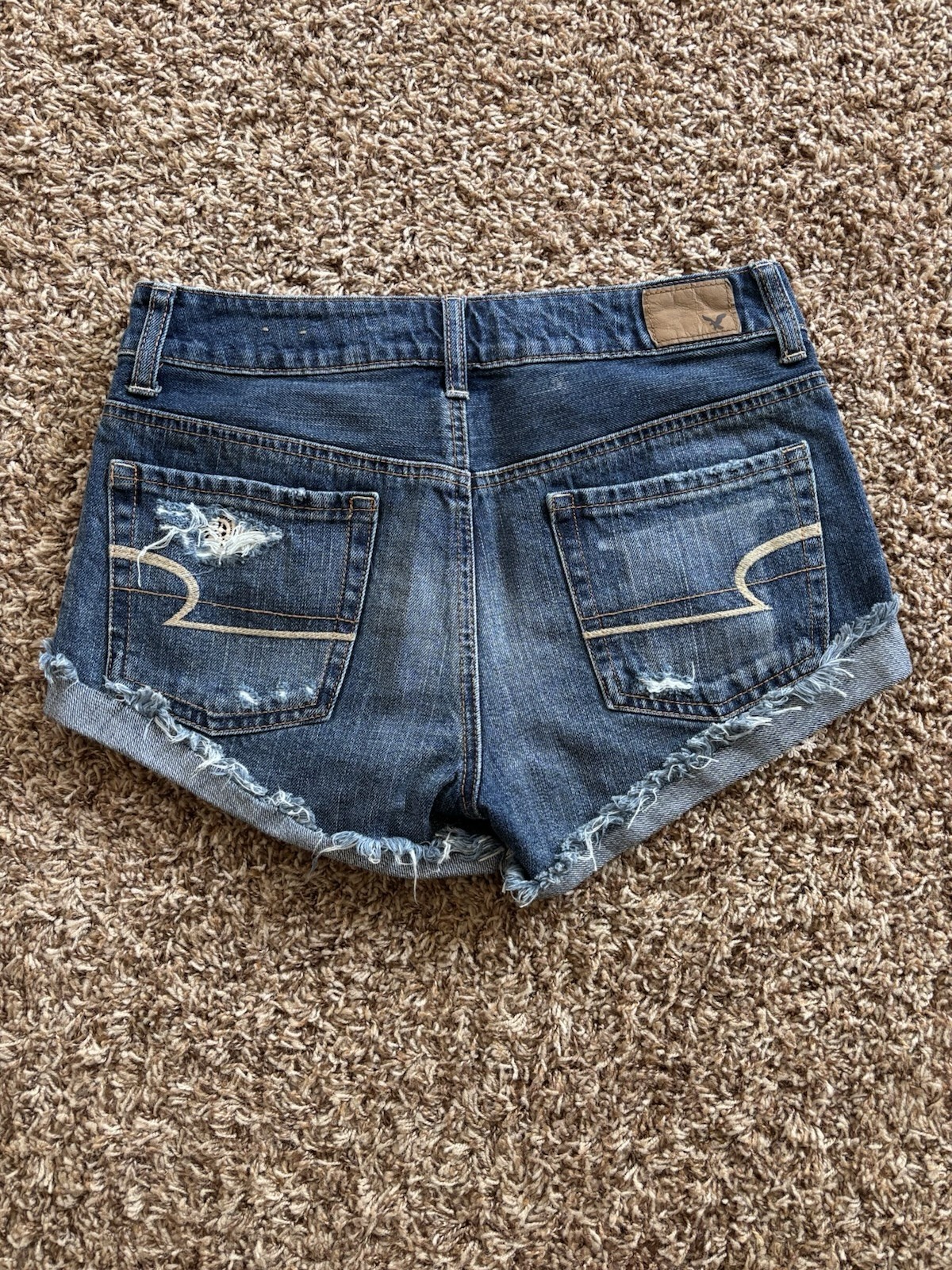 American Eagle Hi-Rise Festival Blue Dark Wash Lace Cutoff Denim Shorts