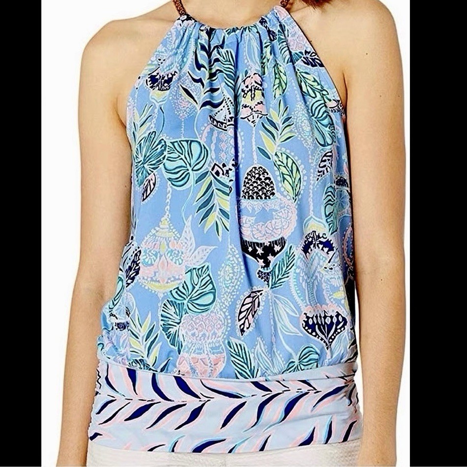 LILLY PULITZER Bowen Blue Peri Lapis Lantern Gold Chain Neck Halter Top Small