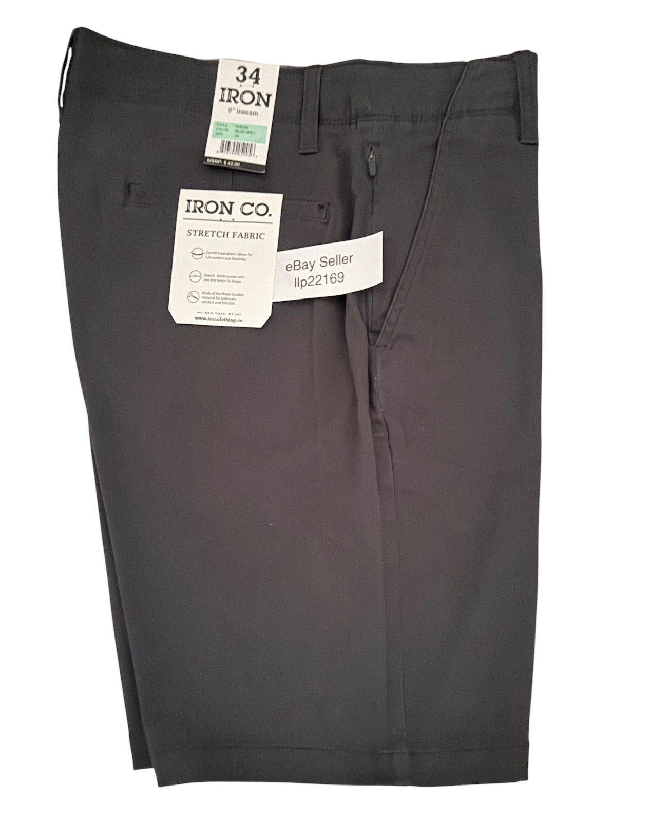 IRON CO Men’s Stretch Shorts (SIZE 34) Flex Waist Flat Front BLUE GREY New Tag!