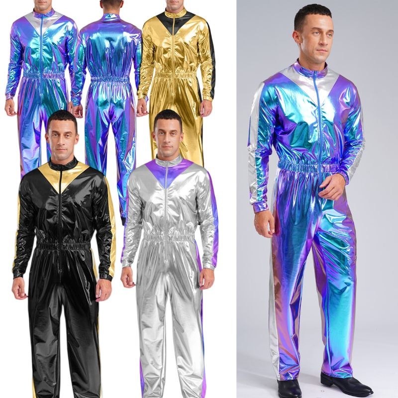 US Men Bodysuit Costume Jumpsuit Mechanical Unitards Sparkly Casual 70s Clubwear