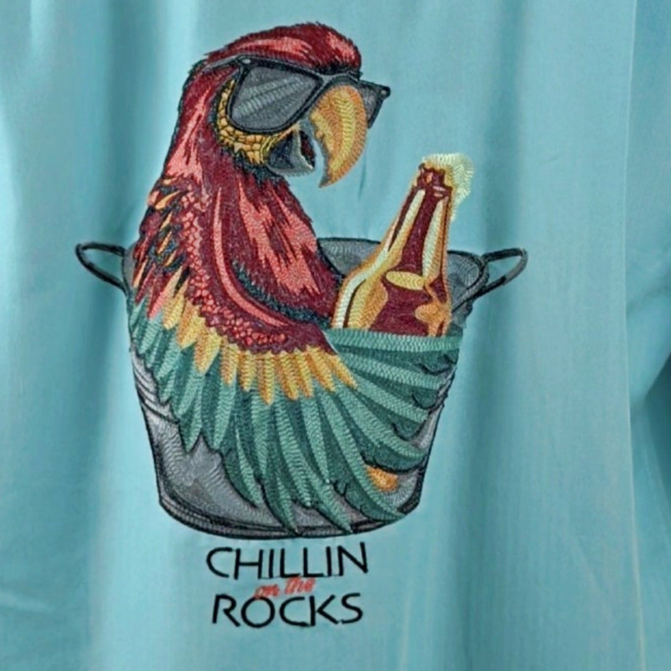 Caribbean Teal Chillin on the Rocks Parrot Hawaiian Button Down Shirt MED