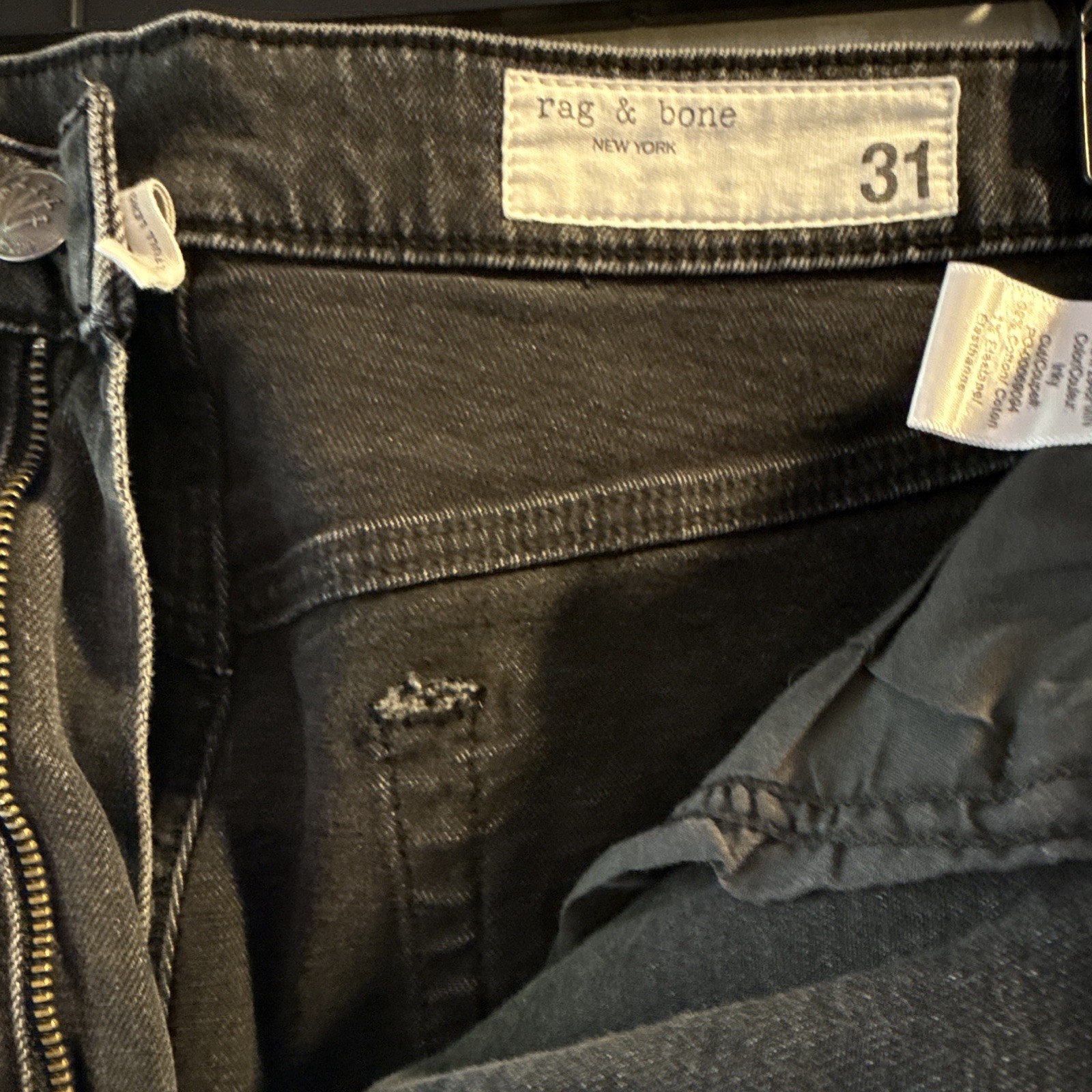 rag & bone Black Dark Wash Slim Fit Denim Jeans Mid Rise 5-Pocket Button Zip