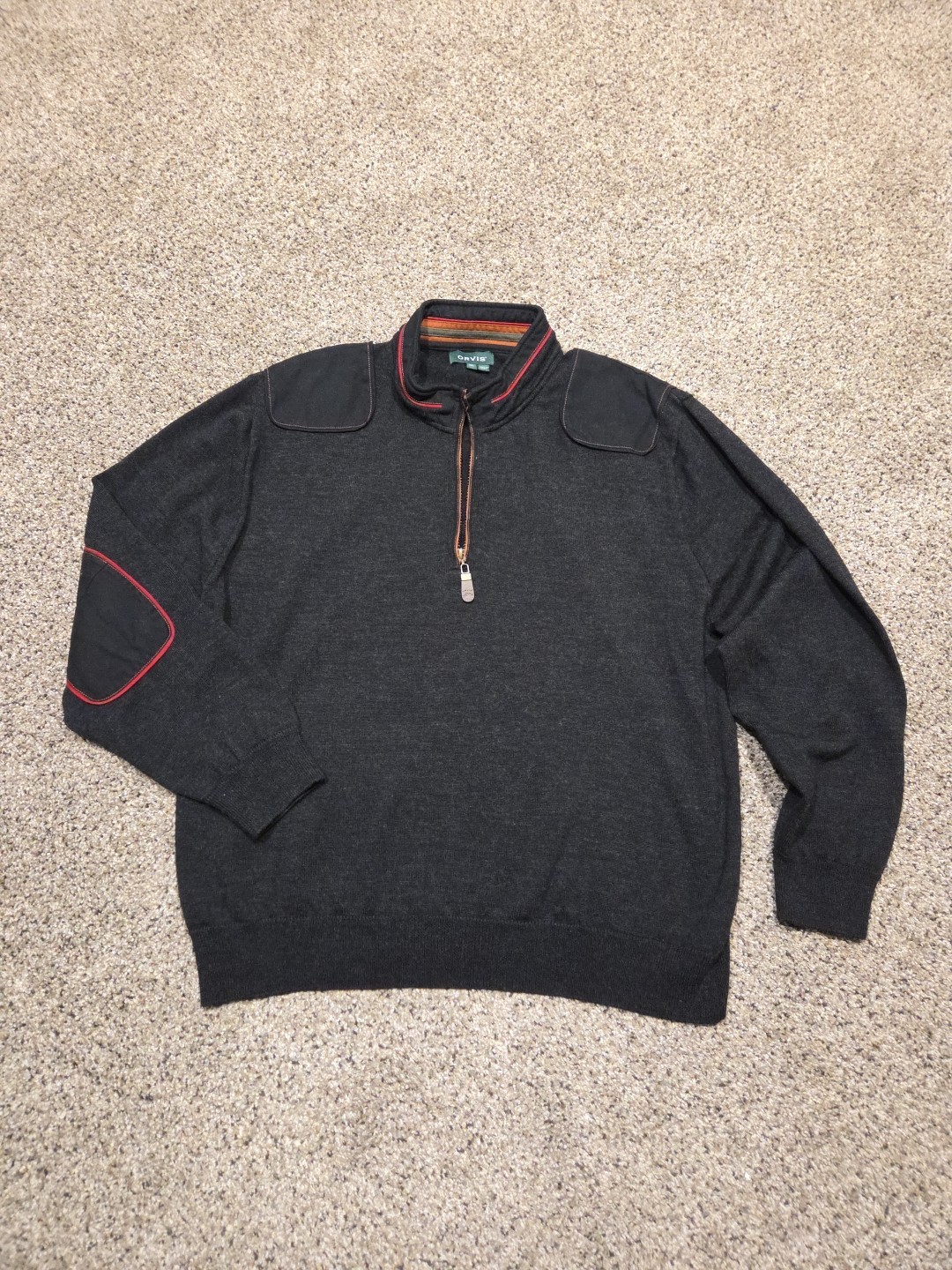 Orvis Sweater Mens XL Black Merino Wool Donegal Elbow Patch Pad 1/4 Zip Hunting