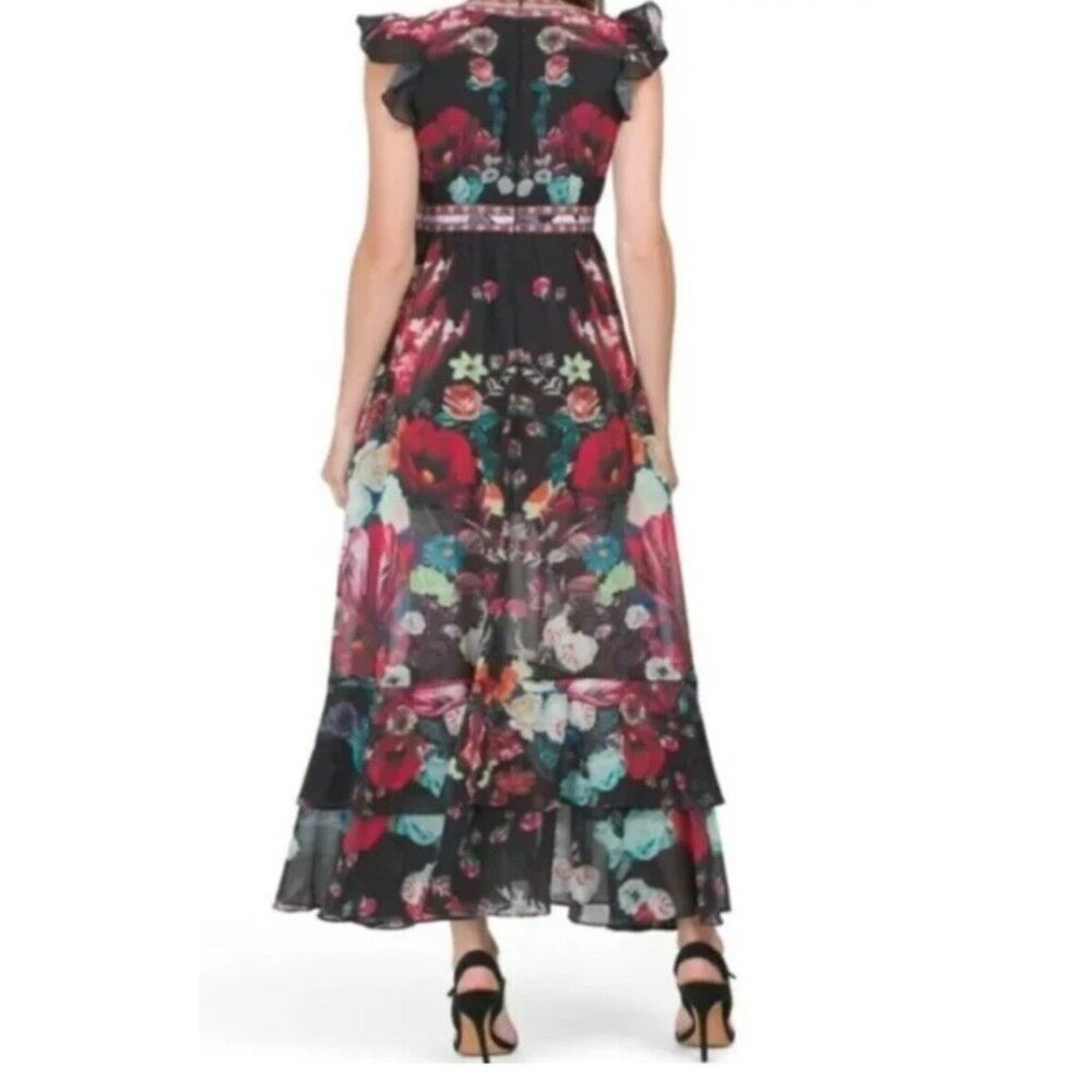 Dalia MacPhee Dress Black Chiffon Bright Floral Tiered Maxi Size S Flowy Event