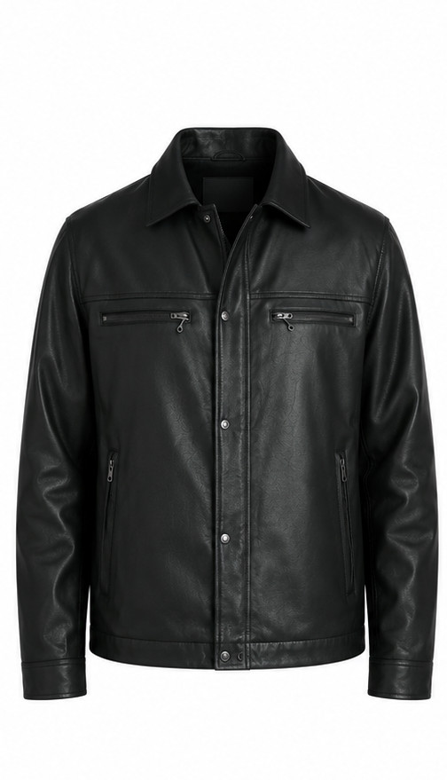 Mens Black Leather Jacket Zip Chest Pockets Casual Trucker Style