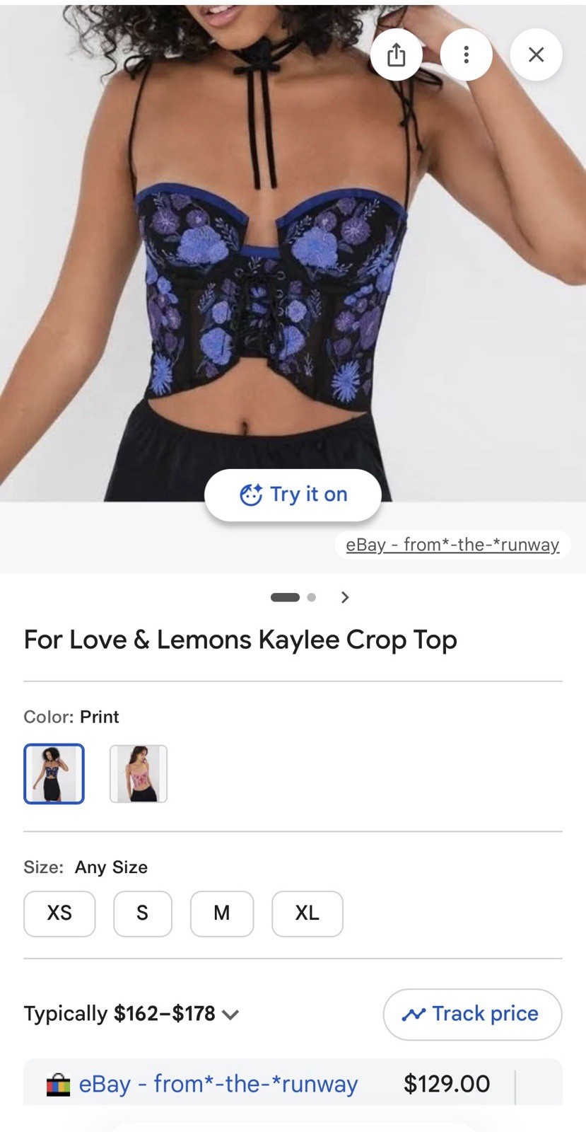 For Love & Lemons Kaylee Corset Bustier XS Black/Blue Floral Lace-Up Boned