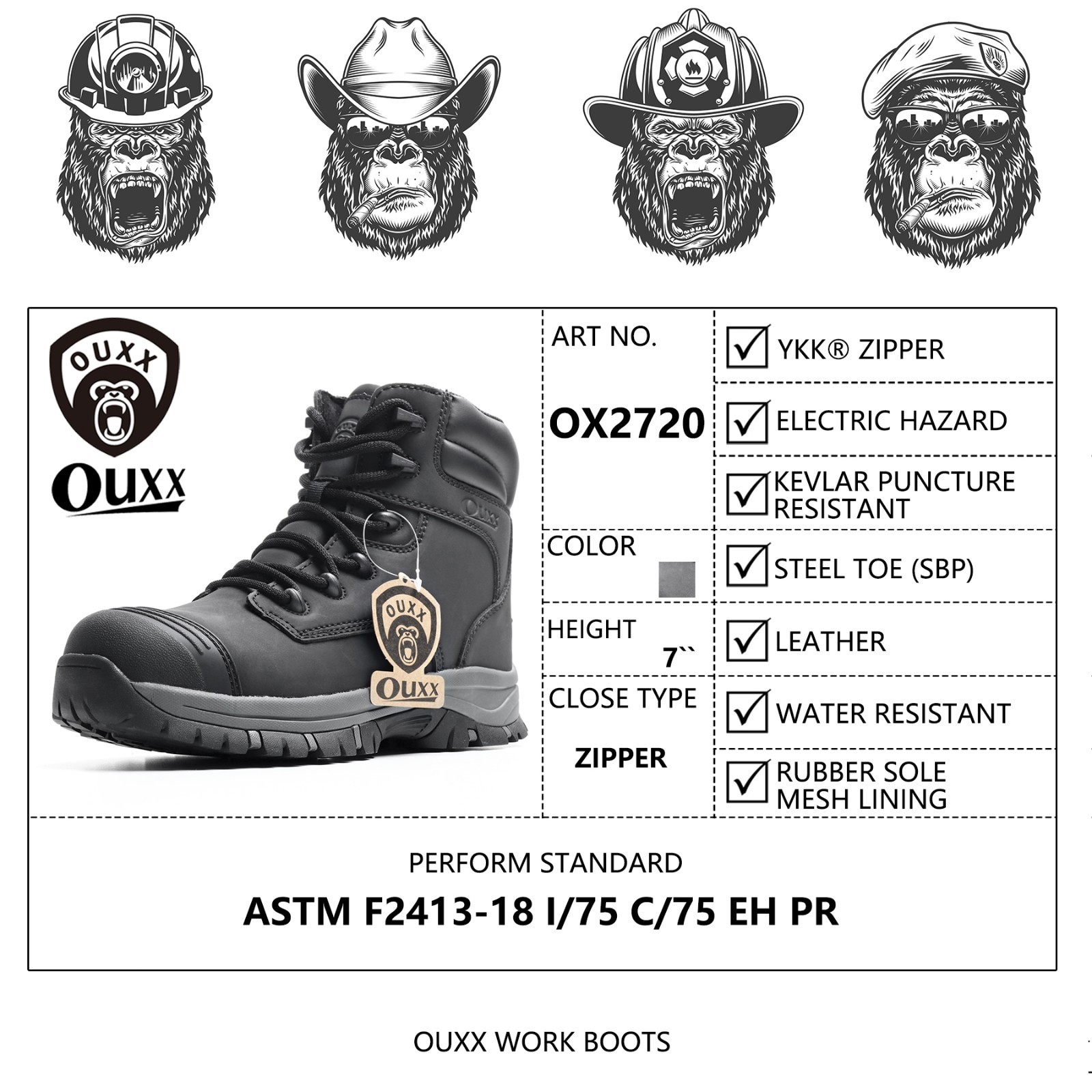 OUXX Men’s Steel Toe Waterproof Work Boots Side Zipper Rubber Outsole