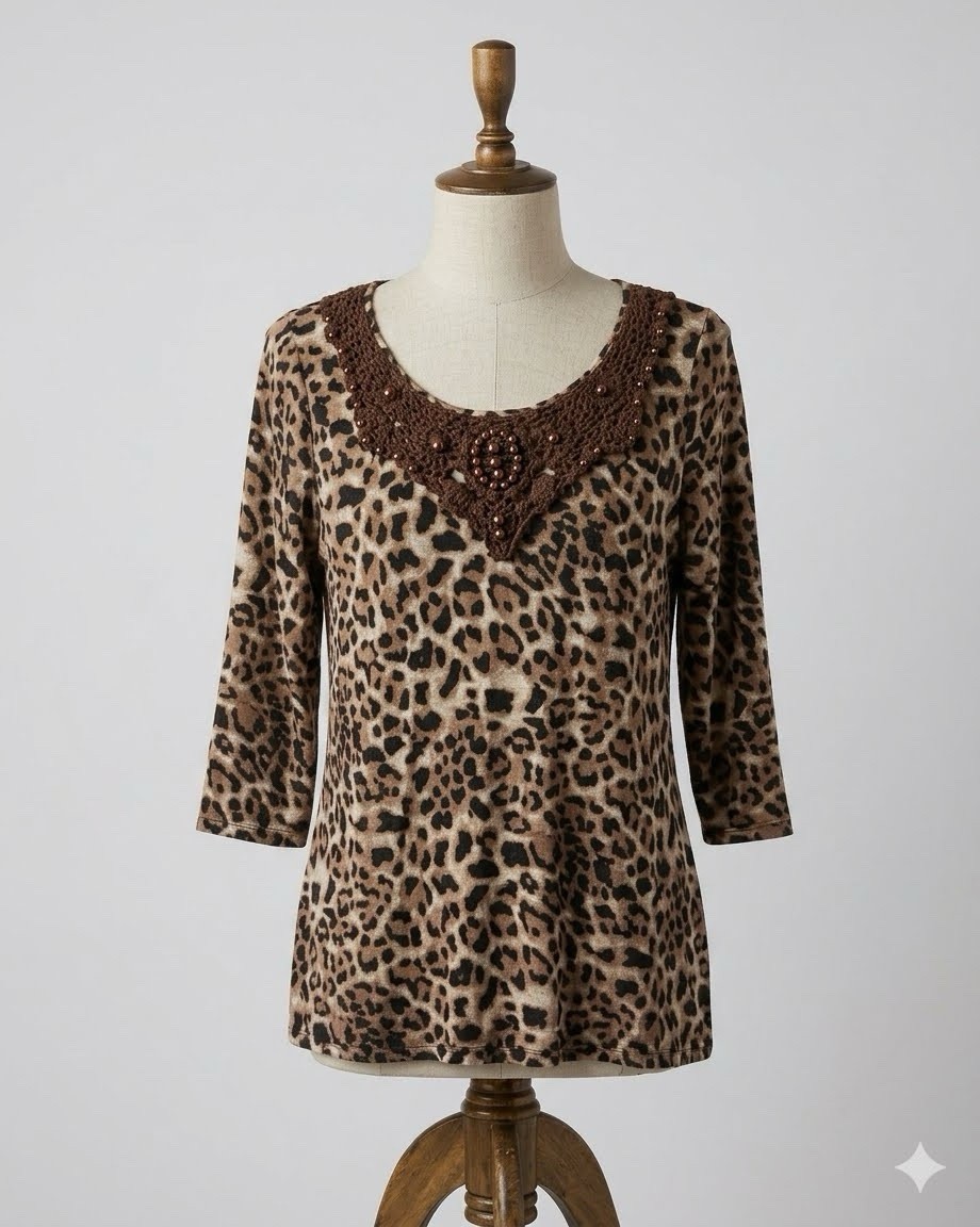 Casting Women’s Leopard Print 3/4 Sleeve Knit Blouse Size L