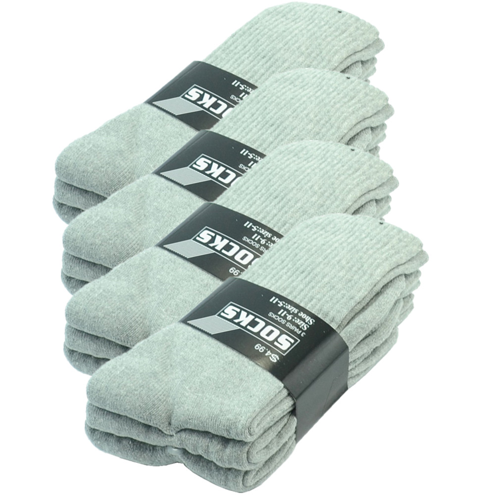 3-12 Pairs Mens Gray Solid Sports Athletic Work Crew Socks Cotton Size 10-13