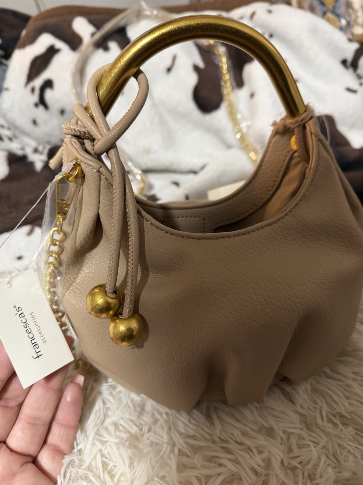 francesca’s Beige Small Satchel Top Handle Zip Pebbled Gold Chain Detach Strap