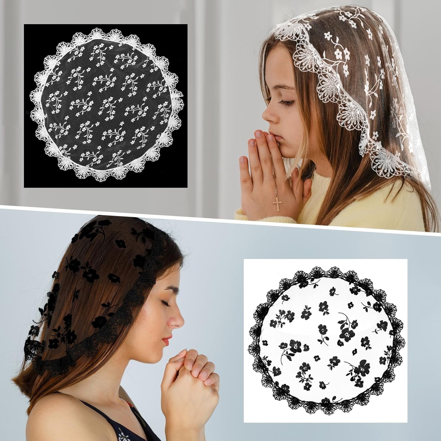 2 Pcs Women Lace Head Coverings Veil Scarf Church Bridal Wedding Black White