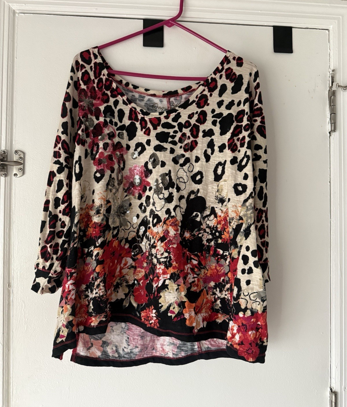 Orange Woman Women’s Plus 1X Leopard Floral Sequin Tunic Blouse Cotton Multi