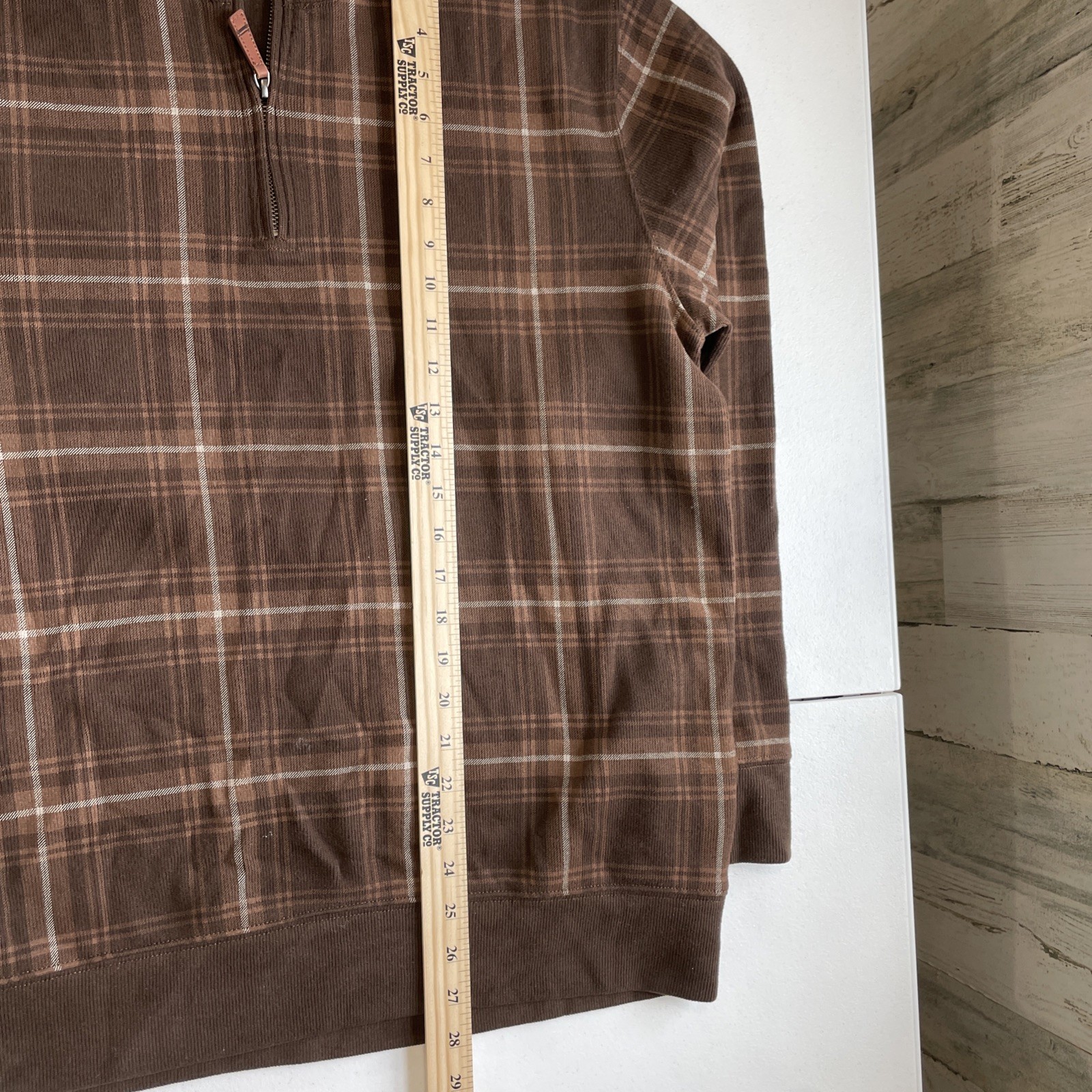 Lands’ End Brown Plaid 1/4 Zip Pullover Men’s Size Large 100% Cotton Mock Collar