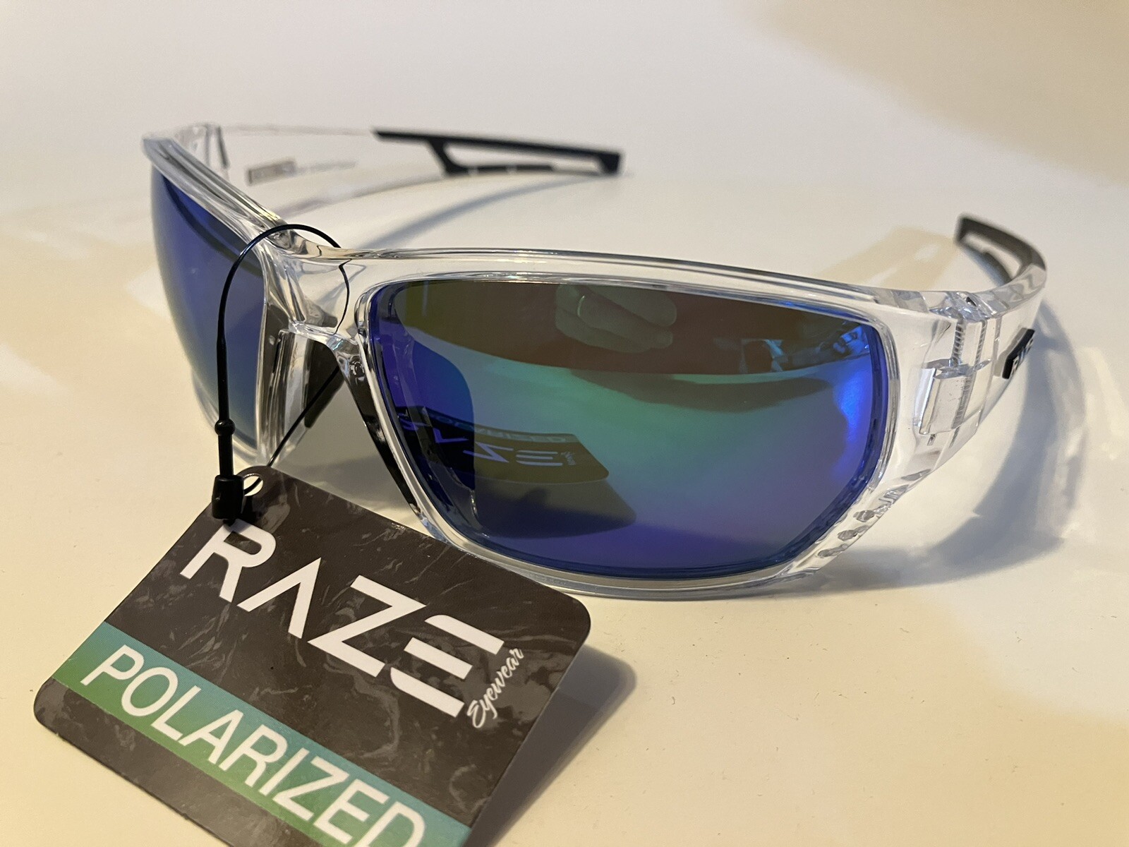 RAZE Eyewear Sunglasses Sonar Polarized Clear Frame Blue Mirror Smoke 28856