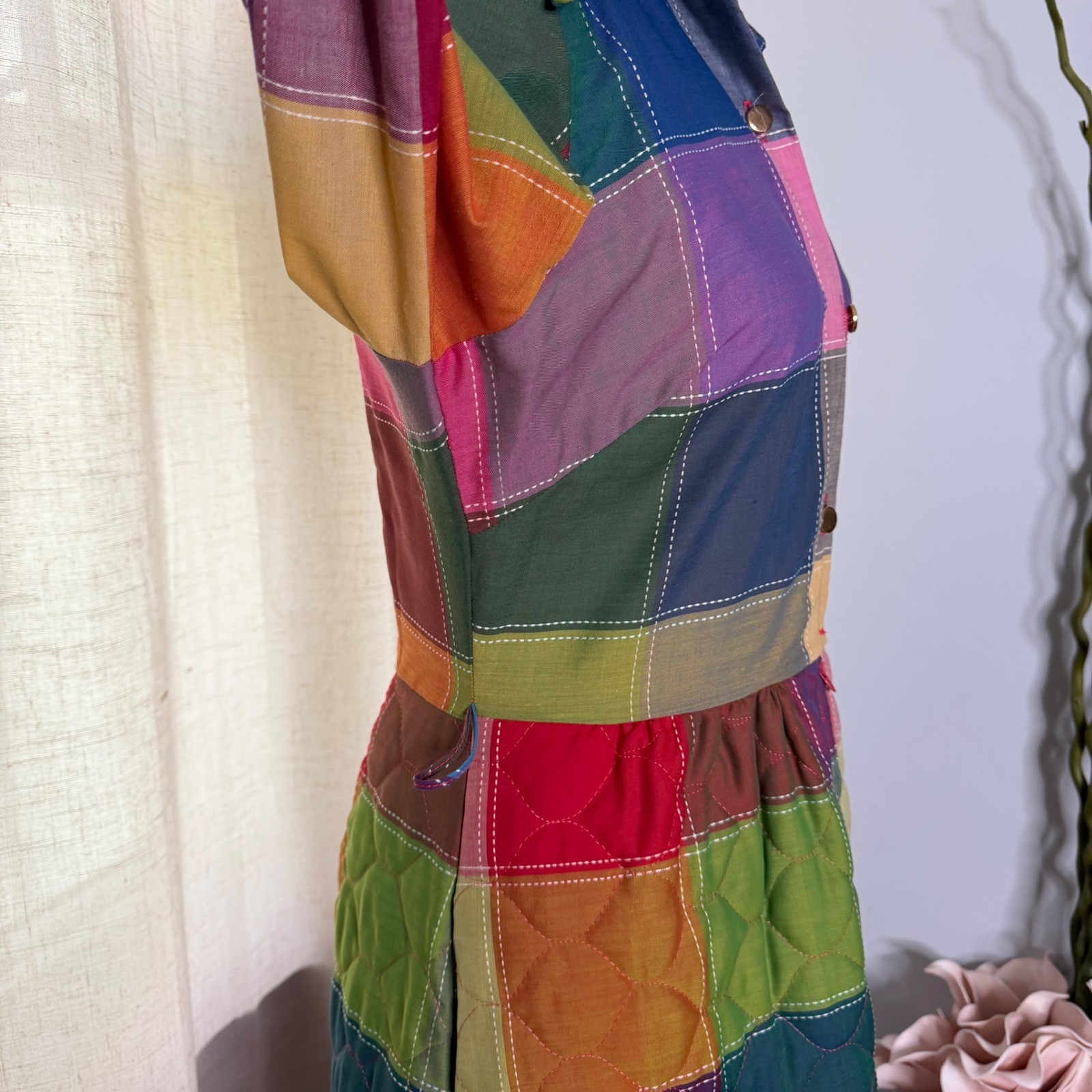 60s/70s Vintage Penneys Loungewear Quilted Rainbow Patchwork Maxi Dress Robe S