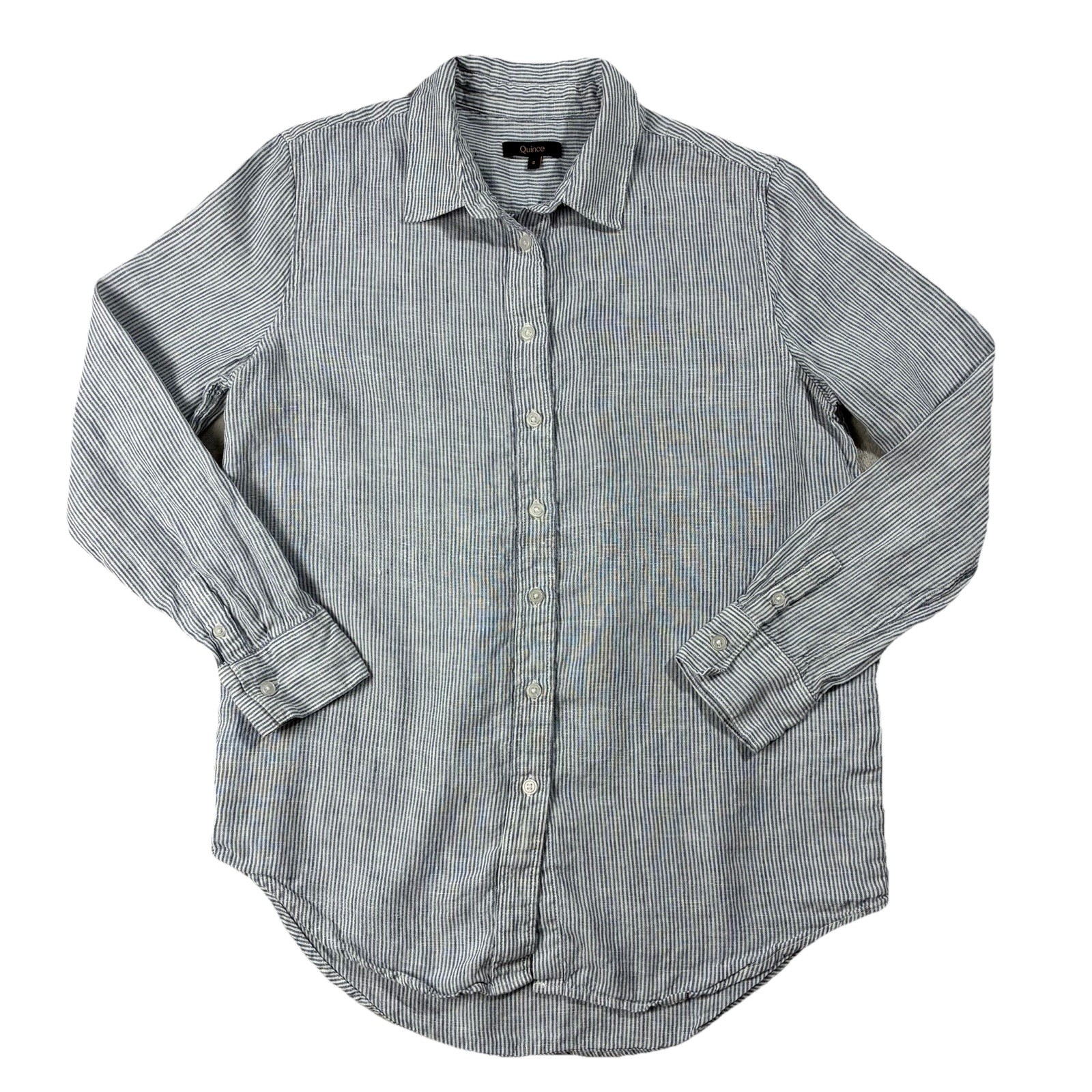 Quince European Linen Long Sleeve Button Up Blue Stripe Womens S Quiet Luxury