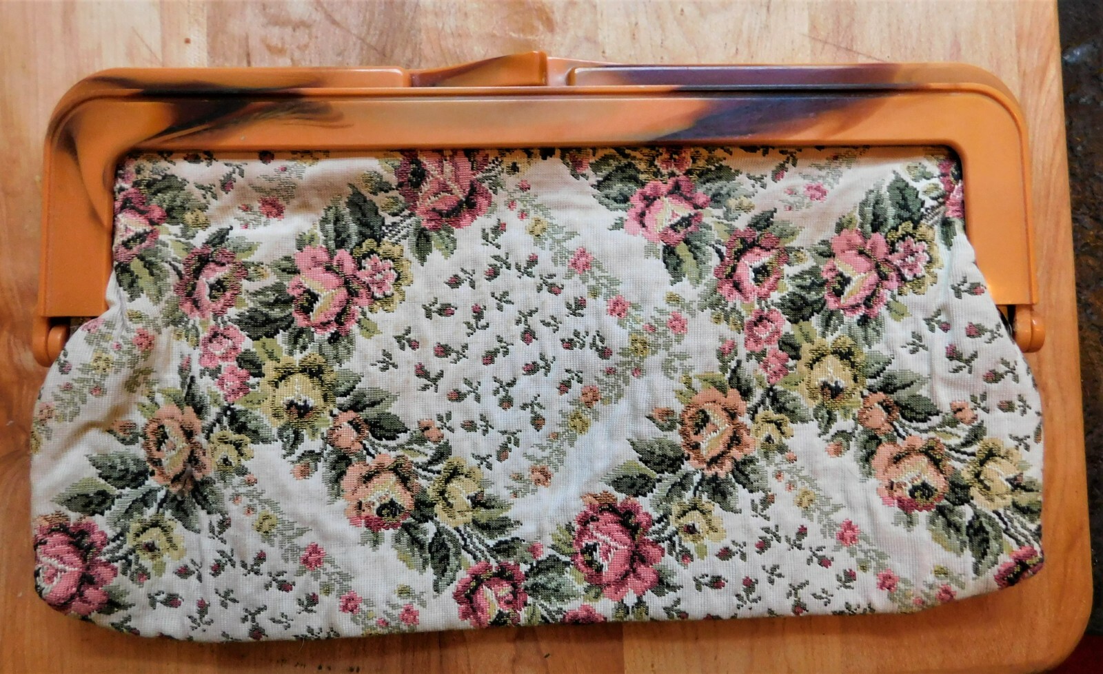 Vintage Floral Fabric & Plastic Clutch Handbag Purse