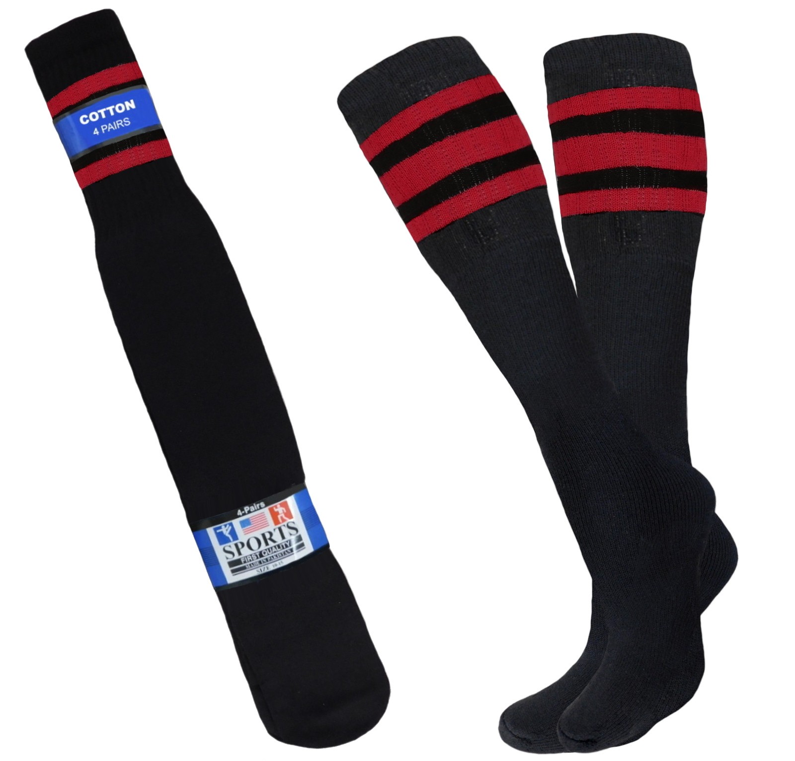 4 Pk Black Tube Socks Striped 22 Inch Long Old School Cotton Socks 6 COLORS
