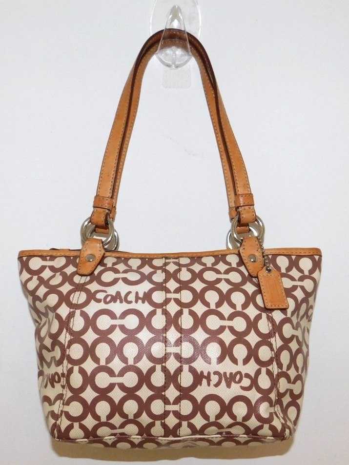 COACH Leah OP Art Brown & Cream Coated Canvas Mini Hobo Tote Purse 42419