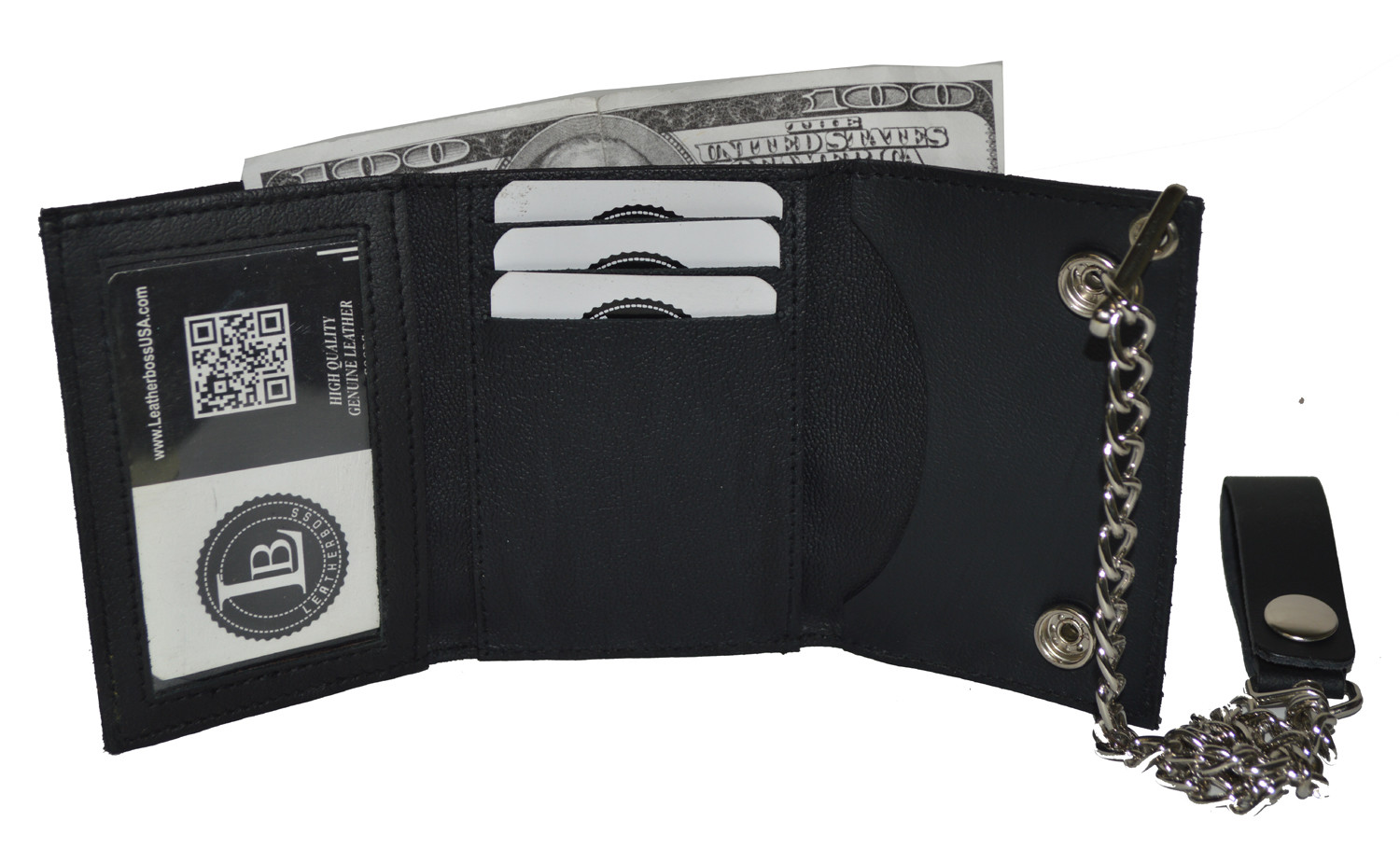 Leatherboss Genuine Leather Men MOTORCYCLE Trifold Wallet Chain Biker, Black