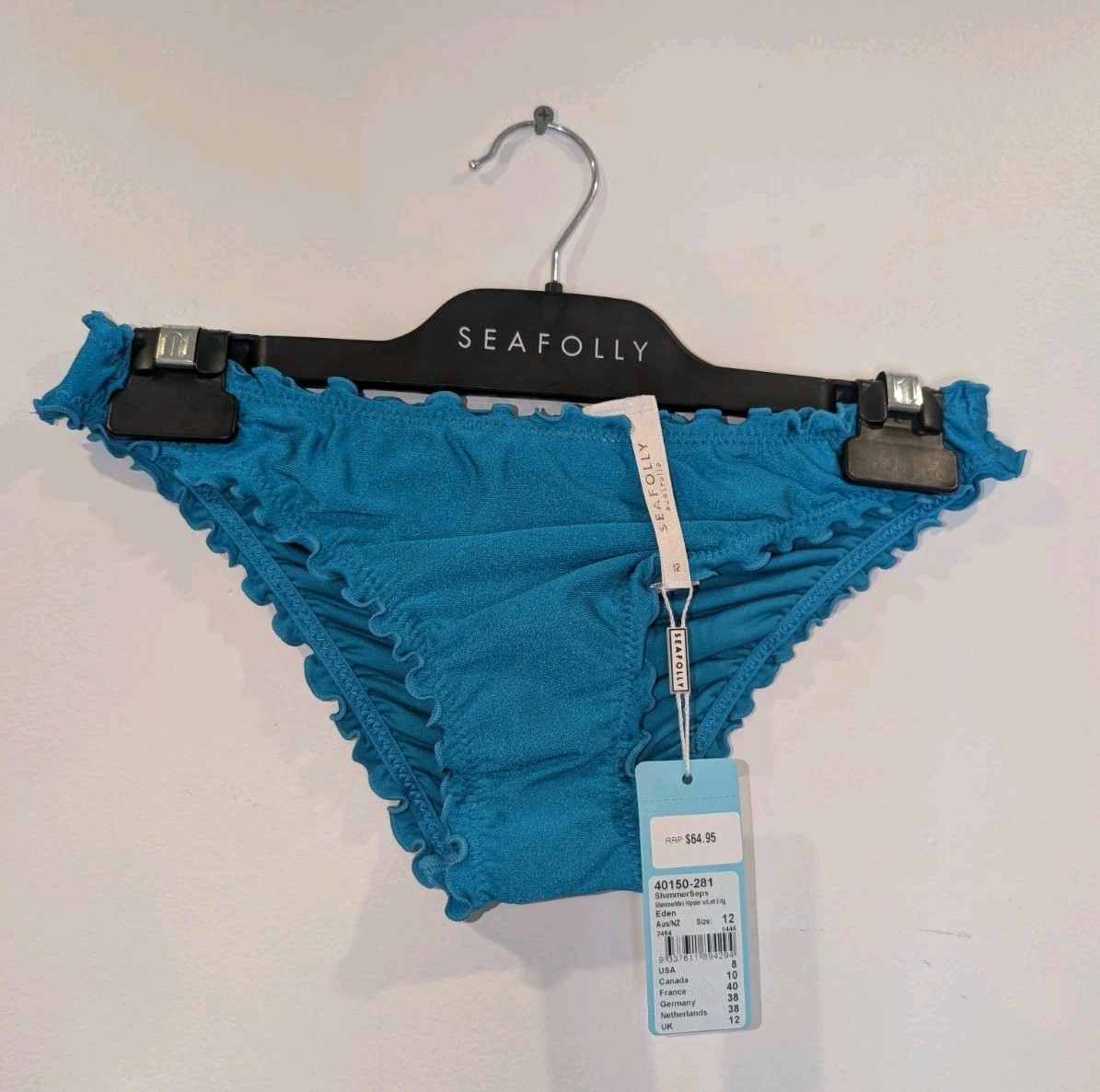 Seafolly Bikini Bottom Shimmer Hipster AU12 US8 New Tags Eden Blue RRP $64.95