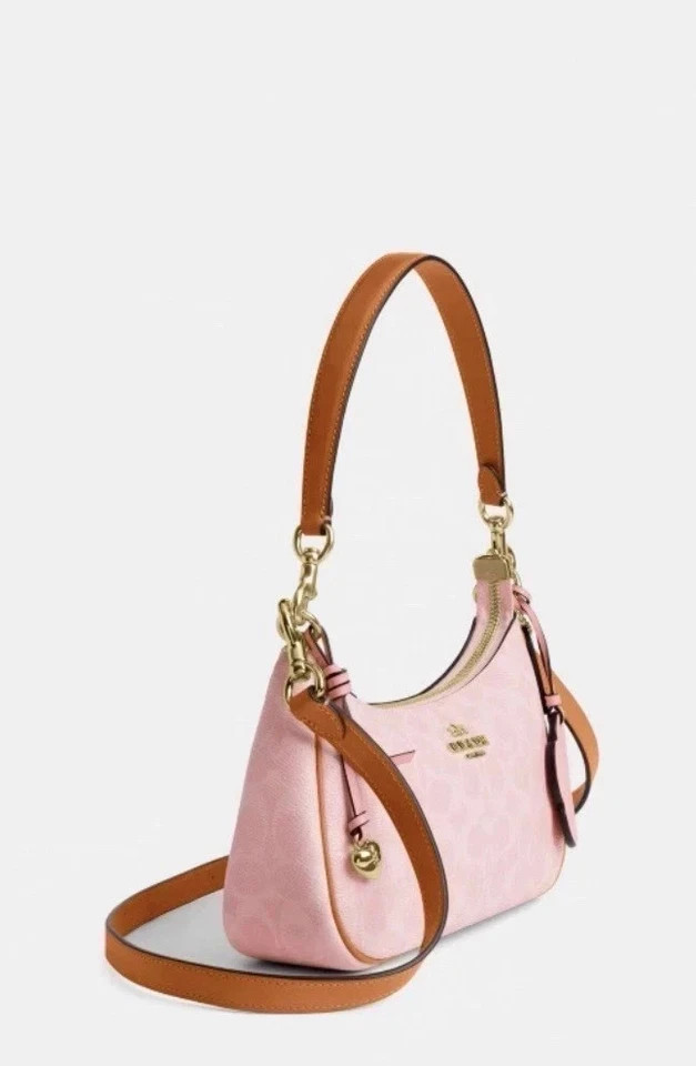 NWT Teri Shoulder Bag Signature Canvas With Charms Gold/Powder Pink CEA20