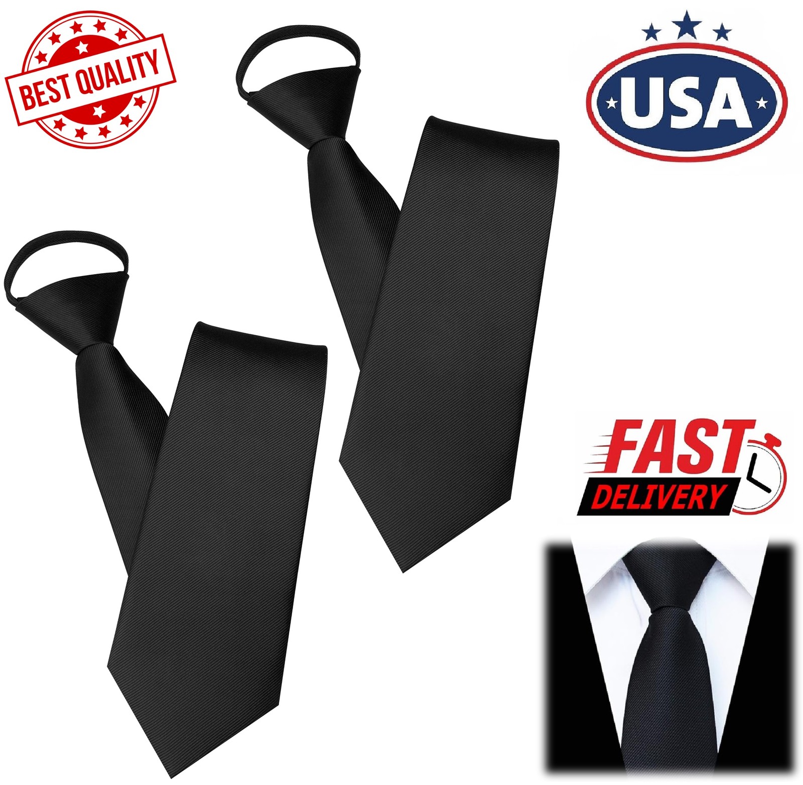 2Pcs Men’s Adjustable Black PreTied Necktie Office Zipper Neck Tie Clip On Tie