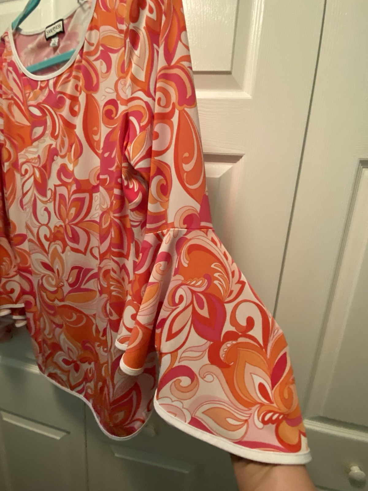 Sam & Jess Vintage Inspired 60’s Groovy Swirl Floral Pink Orange Top Large