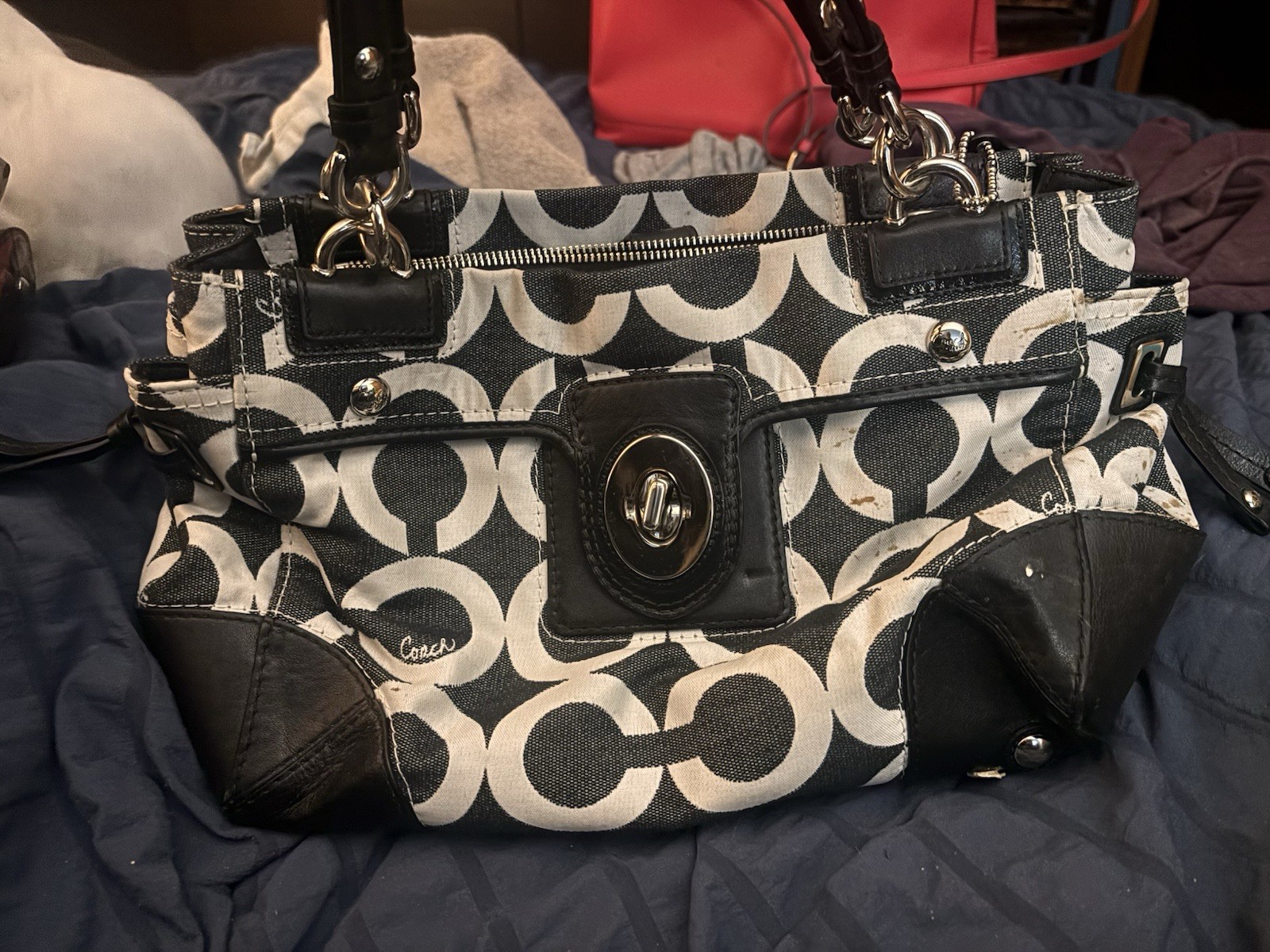 Coach Signature Logo Satchel Denim/White Turn Lock Closure Detachable Strap