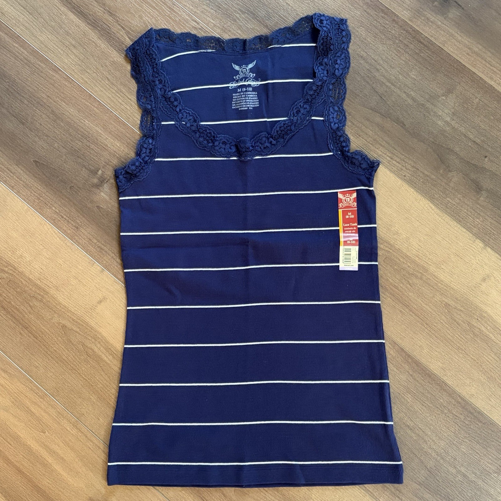 Vintage Y2K Faded Glory Lace Trim Long Tank Top Women’s Size Medium Blue Stripe