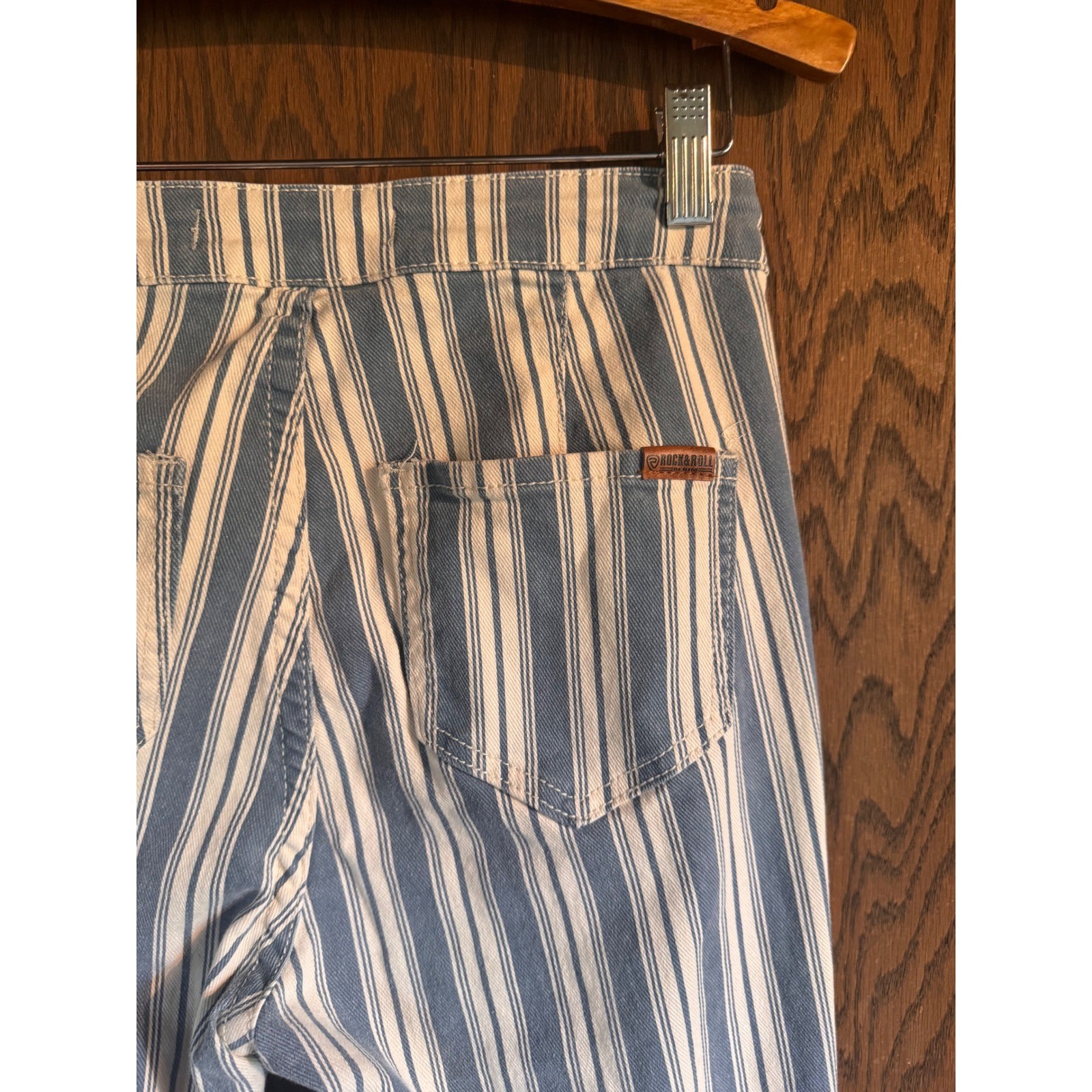 Rock & Roll Denim Bargain Button Bell Striped Flare Jeans Blue White 28×34