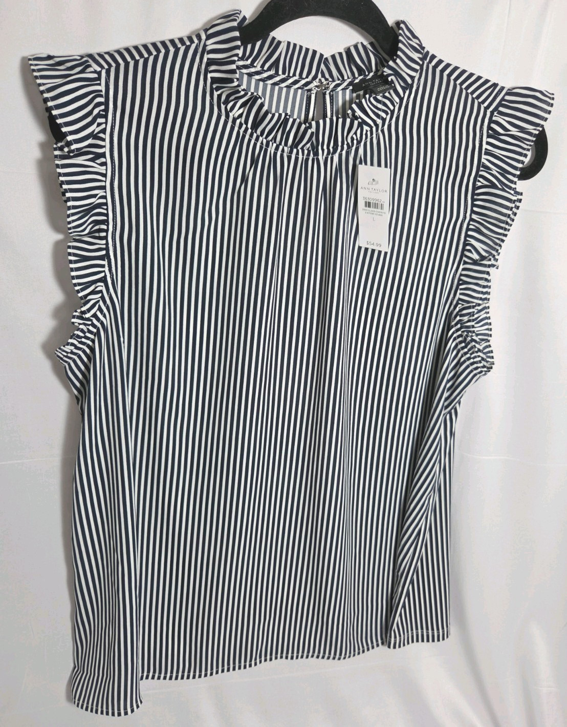 Ann Taylor Factory Black/White Striped Sleeveless Ruffle High Neck Blouse L