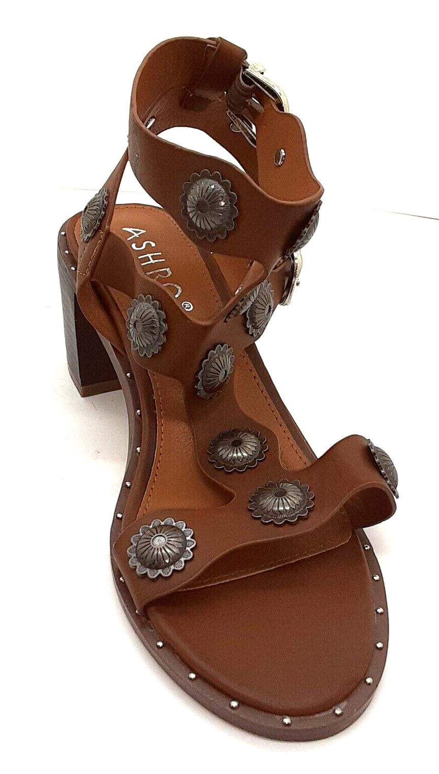 ASHRO Sandal Caged Brown Leather Gladiator Strappy 7M Embellished Buckle Strap