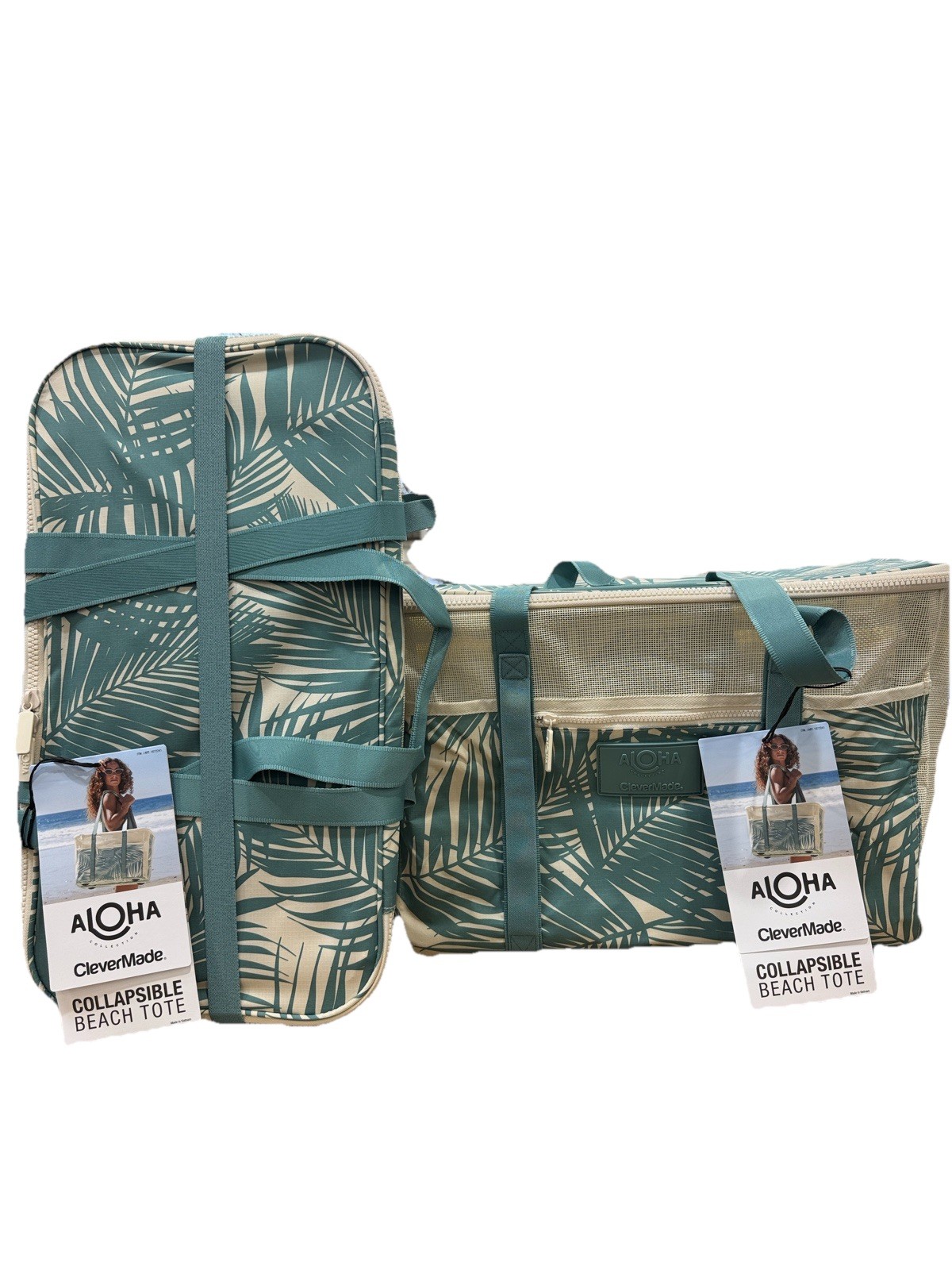 Aloha CleverMade Collapsible Beach Tote Bag Zip Top Tropical Print Green