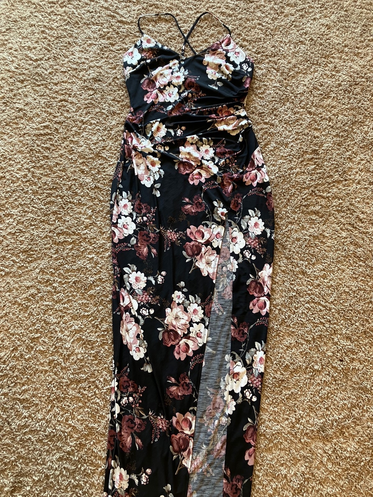 Windsor Womens L Black Floral Maxi Dress Ruched High Slit Strappy Cross Back